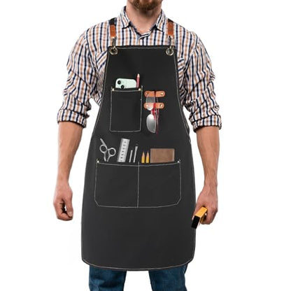 Men's Canvas Tool Apron, Heavy Duty Multi-Pocket Work Apron for Woodworking Gardening Bartender Adjustable Straps - color: Black