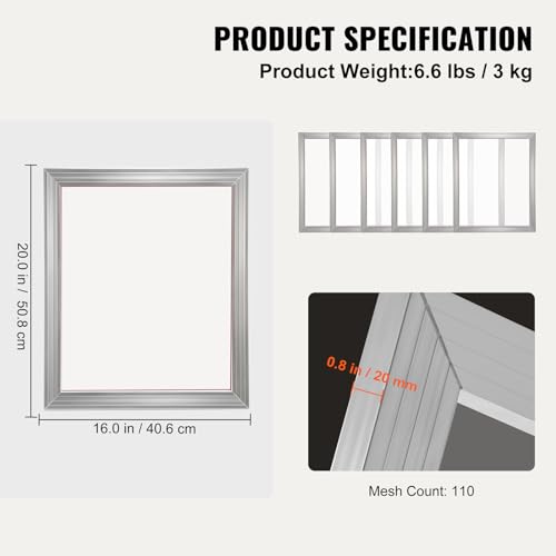 VEVOR 6 Pieces Aluminum, 16x20inch Silk Screen Frame with 110 Count High Tension Nylon Mesh and Sealing Tape for T-Shirts DIY Printing, Silver - size: 16x20inch, style: 6 Pieces