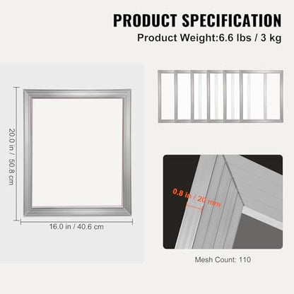VEVOR 6 Pieces Aluminum, 16x20inch Silk Screen Frame with 110 Count High Tension Nylon Mesh and Sealing Tape for T-Shirts DIY Printing, Silver - size: 16x20inch, style: 6 Pieces