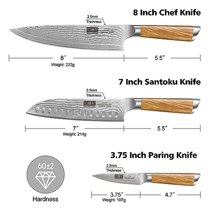 HOSHANHO Damascus Kitchen Knife Set 3PCS, Sharp Chef/Santoku/Fruit Knives | Professional Cooking Knife Set | Japanese Super Steel | 15° Edge | 62 HRC | Ergonomic Olive Wood Handle | Housewarming Gift - style: 3 Pieces Knife Set