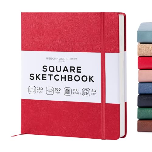 Beechmore Books 8x8 Square Mixed Media Sketchbook 160 GSM/98lb, Gift Box | Vegan Leather Hardcover Art Journal with Lay-Flat Binding, Perforated Ivory Pages for Drawing & Doodling - color: Scarlet Red, size: Square - 8" x 8"