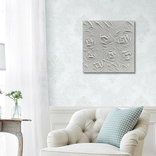 Art Hand-Painted Abstract Three-Dimensional Textured Art Oil Painting of White Roses, 24x24 inches. Modern Minimalist Style Art. Suitable for Wall Decoration in Home Offices - color: Yi128