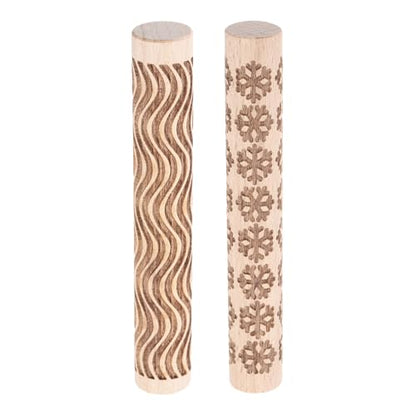 HARFINGTON 2pcs Wood Clay Roller 4"Snowflake Curved Lines Pattern Rolling Pins Pottery Tools Wood Grain Texture Rollers for Clay Baking Dough Playdough DIY - style: Snowflake + Curved Lines