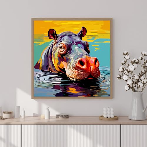 Artunion Framed Paint by Numbers Kit for Adults Beginners & Kids Ages 8-12,Colorful Hippo Paint by Number with Frame,Animal Watercolor Paint by Numbers Kit on Canvas 10 * 10 Inch Without Easel - color: ZXT-389-F