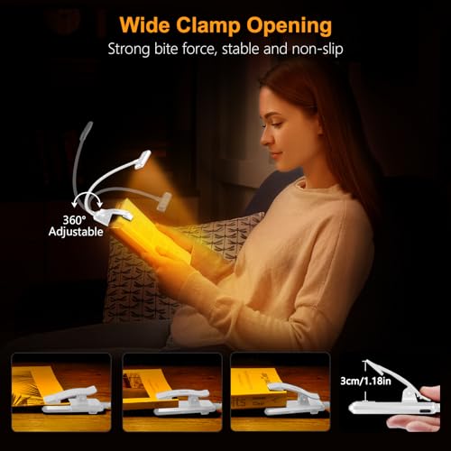 Gritin 19 LED Rechargeable Book Light for Reading in Bed | Eye Caring 3 Color Temps,Stepless Dimming Brightness,Memory Function,90 Hrs Runtime Lightweight Clip on Light-White - color: White