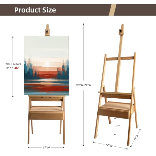 Large Solid Beech Wood Painting Easel H-Frame with Storage Drawer - color: Wooden Normal