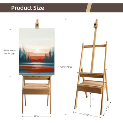 Large Solid Beech Wood Painting Easel H-Frame with Storage Drawer - color: Wooden Normal