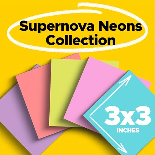Post-it Super Sticky Notes, 3 x 3 in, Supernova Neons, 24 Pads | School Supplies and Oﬃce Supplies, 2X the Sticking Power - size: 24 Pads – 70 Sheets Each