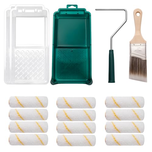 Paint Roller Kit, 17 Pack, 4 Inch Paint Roller, Paint Brush | Small Paint Roller with Tray Liners, Microfiber Roller Covers, Mini Paint Kit for Painting Walls, Doors, Cabinets and Trims - color: 4" paint roller kits, paint brush