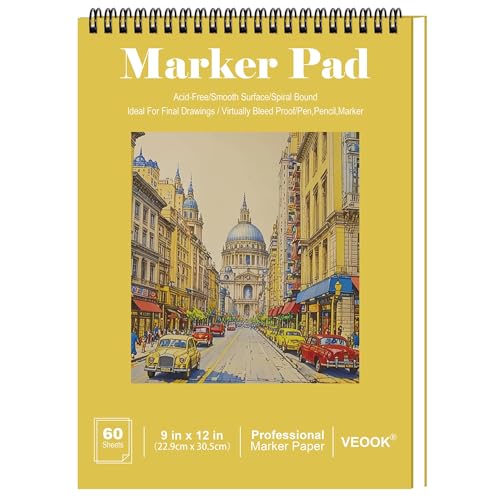 Bewinfy Marker Pad, 60 Sheets, 80lb/120gsm 9" x 12" Dual Sided Painting Marker Paper, Acid Lignin Free Bleedproof Professional Grade Sketch Book for Drawing(PP-01)