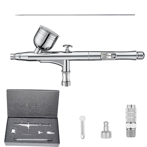 RDSWA Airbrush Kit, Dual-Action Spray Gun with 0.3mm Needle Sets and Gravity Feed 7cc Fluid Cup, Air Brush Gun Ideal for Nail Paint, Makeup, Barber, Cake Decorating, Model,Tattoo Silver