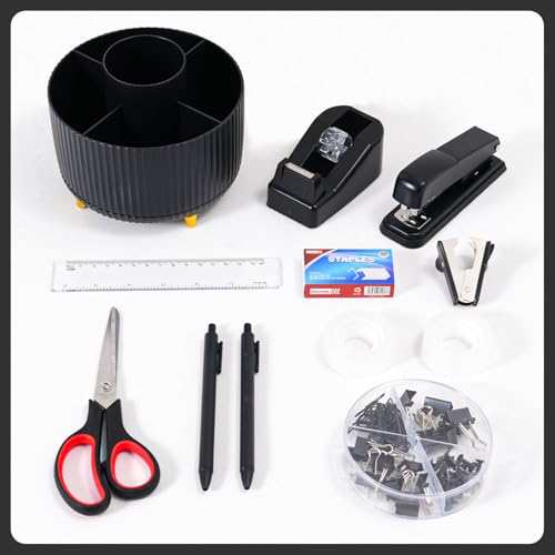 Gawsey Black Desk Organizers and Accessories with Desk Organizer 360° Rotating Pen Holder and Office Supplies, Cute Stationery Supplies Set - color: A Black