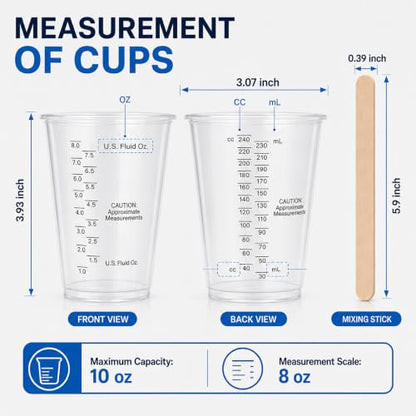 Plastic Measuring Cups with Mixing Sticks, 8 oz Clear Cup, 50 Pack | Disposable measuring cups with sticks, DIY mixing accurate oz ml cc scales for resin paint baking