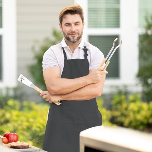 Adjustable Bib Apron 100% Polyester Kitchen Aprons Waterdrop Resistant Aprons with Adjustable Strap, Pockets & Long Ties - color: Grey, style: Pack of 2