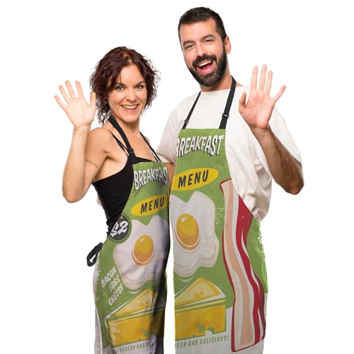 Apron Kitchen for Men Breakfast Menu Baking Aprons for Women for Kitchen Cooking Restaurant BBQ Painting Crafting Gardening 27” (W) x 31” (H), Waterproof Apron - color: Breakfast Menu