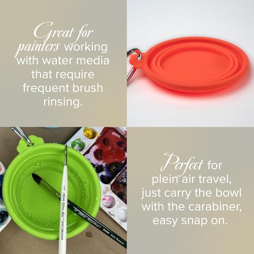 Silver Brush Limited Silver Essentials Paintbrush Water Bowl, 400ml/13.5oz | 2 Pack, Watercolor, Watermedia, Round, Reusable Artist Water Cup, Collapsible, With Carabiner Clip, Leak-proof, Silicone - size: 400ml