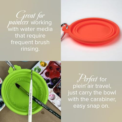Silver Brush Limited Silver Essentials Paintbrush Water Bowl, 400ml/13.5oz | 2 Pack, Watercolor, Watermedia, Round, Reusable Artist Water Cup, Collapsible, With Carabiner Clip, Leak-proof, Silicone - size: 400ml