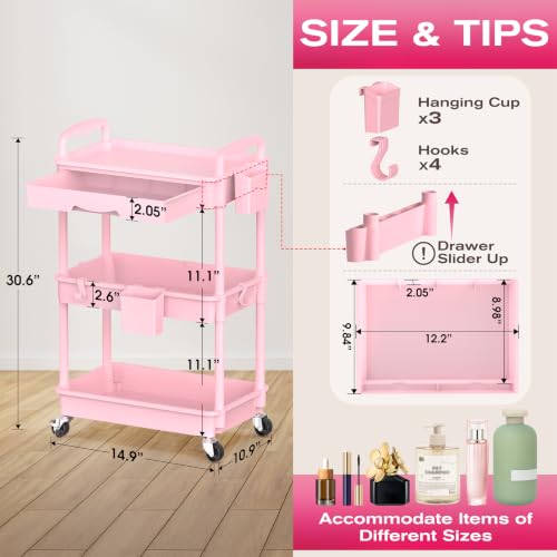 Goovilla Rolling Makeup Organizer Cart with Removable Drawer, 3 Tier Pink | Stable Floor Skincare Storage Cart for Vanity, Cosmetic Display, Nail Polish, Perfume, Hair Stuff, Beauty, Bathroom(Plastic) - color: Pink, size: 3 Tier