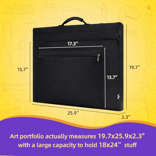 JJRING 18x24 Art Portfolio Tote Bag With Shoulder Strap, Black | Large Carrying Storage Case With Handle For Artwork, Posters, Canvas, And Drawing Boards - size: 18''*24''