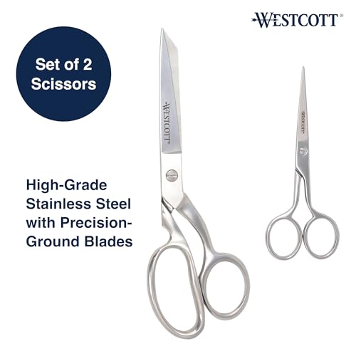 Westcott Forged 8in & 5in Scissors for Fabric and Paper Crafts, 2-Pack, Detail Snips and Heavy Duty Shears, Dressmaker Shears for Sewing, Tailoring, Quilting, Art, Office - size: 8-Inch & 5-Inch