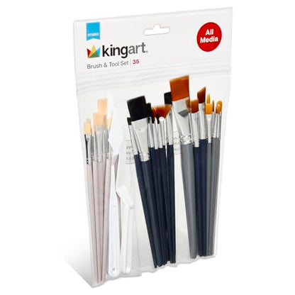 KINGART 35-Piece Studio Brush & Tool Set with Pouch – Includes 33 Multi-Media Brushes (Nylon, Bristle), 2 Palette Knives for Acrylic, Watercolor, Oil, Gouache Painting, Illustration, and DIY Crafts