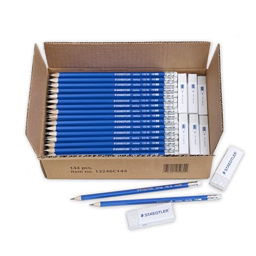 STAEDTLER Norica #2 HB Pencils Class Pack: 144 Pre-Sharpened Pencils + 12 Erasers, Bulk School Supplies Set, Break-Resistant Lead, Latex- & PVC-Free, For Writing, Testing, Drawing & Sketching - size: 1 Count (Pack of 156)