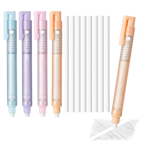 BAYTORY 4Pcs Retractable Mechanical Eraser Pen, Pen Style Erasers | with 8Pcs Refill Erasers, Eraser Pen for Office Teacher Supplies for Sketching, Charcoal Drawings (Retractable Style)