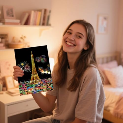 8-Sheet Rainbow Scratch Art with Tools for Adults & Teens, A4 Landmarks - color: Gray