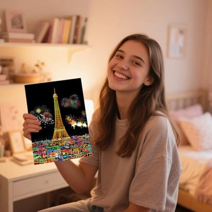 8-Sheet Rainbow Scratch Art with Tools for Adults & Teens, A4 Landmarks - color: Gray