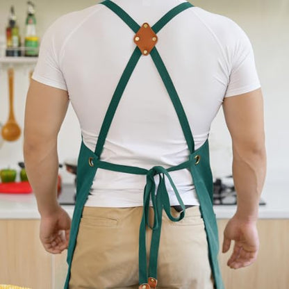 Aoomzoon Canvas Aprons for Men Chef Apron, Work Apron with Large Pockets - 16oz Heavy Duty Cross Back, BBQ, Cooking - color: Green