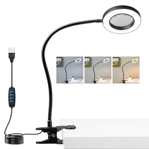 LALISU Clip on Lamp, 5X Magnifying Glass with Light LED Desk Clip Lamps - color: Black with magnifying