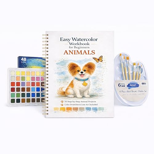 Watercolor Workbook for Beginners – Animals, 16 Original Watercolor Projects, Watercolor Kit with 48 Colors Paint Set, 6 Brushes & Palette,Watercolor Workbook for Adults, Creative Art Gift - color: Animals, size: with palette