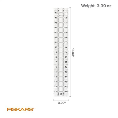Fiskars 3" x 18" Acrylic Sewing & Quilting Ruler with Gridlines, Clear | Easy to Read Measurements Make Cutting Accurate Strips Simple, Quilting & Sewing Supplies for Arts and Crafts - size: 3" x 18"
