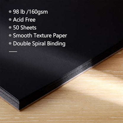 160gsm Black Paper Sketchbook 5.5 x 8.5 in, 50 Acid-Free Drawing Paper | Heavyweight black paper, finely textured, tears cleanly, lays flat, for pencils, chalk, metallic markers - size: 5.5×8.5 Inch (1 Pack )