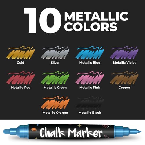 Chalkola 10 Metallic Dual Tip Liquid Chalk Markers for Chalkboard, Window - size: Dual Tip- 1mm+5mm
