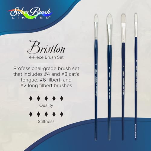 Silver Brush Limited Bristlon Cat's Tongues & Filberts Oil Brush Set, 4pc | Long Handle, Stiff Fine Point White Synthetic Bristle, Lightly Textured Strokes, Portrait and Botanical Designs - color: Cat's Tongues & Filberts, size: 4 count