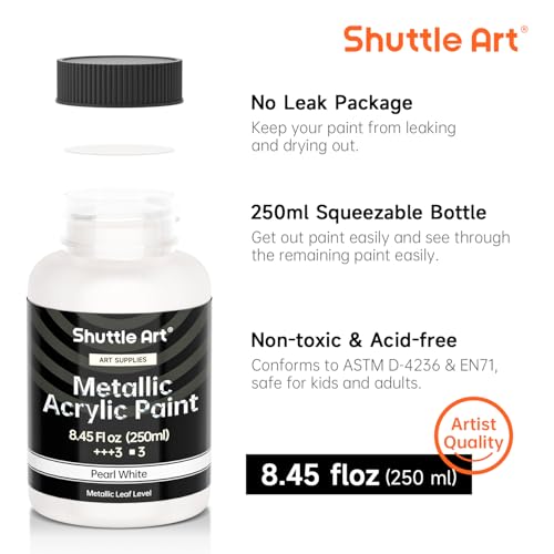 Shuttle Art Metallic Pearl White Acrylic Paint, 8.45 oz (250 ml) Pearlescent Acrylic Paint With Brush, Non Toxic, Non Fading Shimmer White Paint for Crafts, Metal, Wood, Clay, Ceramic, Canvas, Furniture - color: Pearl White, size: 8.45 Fl Oz (Pack of 1)