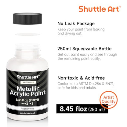 Shuttle Art Metallic Pearl White Acrylic Paint, 8.45 oz (250 ml) Pearlescent Acrylic Paint With Brush, Non Toxic, Non Fading Shimmer White Paint for Crafts, Metal, Wood, Clay, Ceramic, Canvas, Furniture - color: Pearl White, size: 8.45 Fl Oz (Pack of 1)