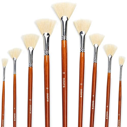 DUGATO Hog Hair Fan Paint Brush Set, 9-Piece Long Handle Brushes | Comfortable Wood Handle for Ceramic Pottery Glazing & Painting, Ideal for Acrylic & Oil, Smooth Blending & Texture Effects - size: 9pcs Fan Brushes