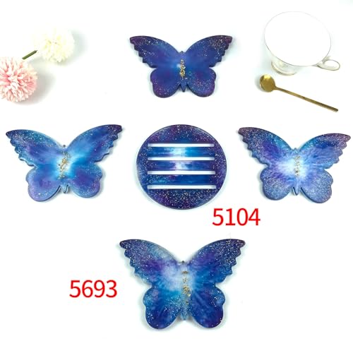 Butterfly Coaster Resin Mold Set, 5-Piece Silicone Casting Molds with Base for Table Decor, Dining Table Coffee red Wine Coaster Making Tools