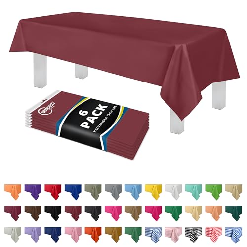 Plastic Table Cloth Disposable 6 Pack 54 x 108 Inch Rectangle Table Cloths - color: Burgundy, size: 54 inches x 108 inches Rectangle