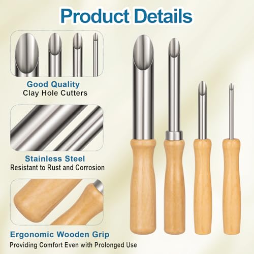 Amrules 4 Pcs Clay Hole Cutters Sculpting Tools Set for Pottery - color: Lightyellow-Hole-4Pcs