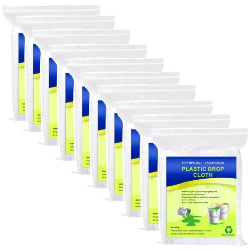 10 Pieces Plastic Drop Sheets for Painting, Waterproof and Dust-Proof Clear Cloth for Furniture Cover, 9x12 Feet Tarps - size: 10 Pieces