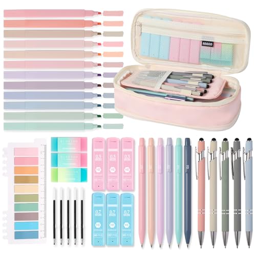39PCS Aesthetic School Supplies with Cute Pencil Case, 5X Ballpoint Pens with Stylus Tip, 12X Pastel Highlighters, 6X Mechanical Pencil Set 0.5&0.7mm, Suit for Preppy School College Essentials (pink) - color: Pink