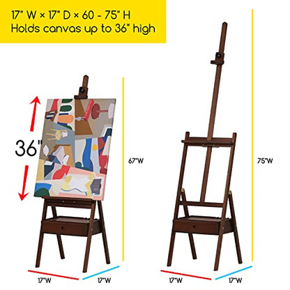 MEEDEN Studio H-Frame Easel with Art Supply Storage Drawer - Adjustable (60"~75") Solid Beech Wood Easel Stand for Artists, Students and Adults, Holds Canvas Art up to 36" - Walnut - color: Walnut
