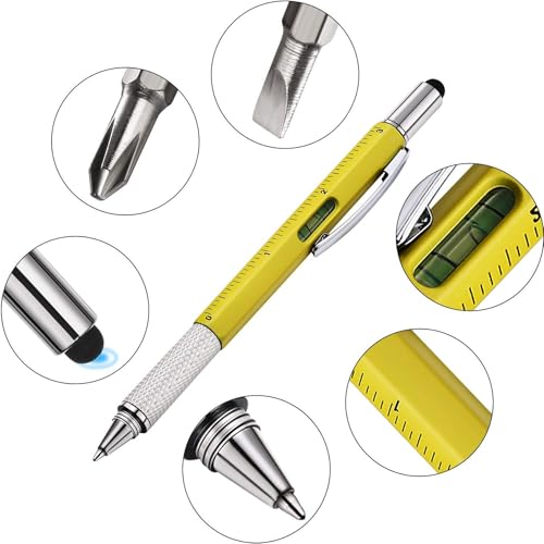 DUNBONG 6-in-1 Multi Pen, Stylus/Screwdriver, 0.7mm Black - Yellow | Aluminum prismatic non-slip grip | Rotary no-cap design | Ruler & level built-in | Refillable | Long-lasting clip - color: Yellow