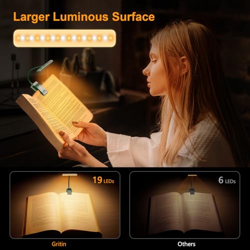Gritin 19 LED Rechargeable Book Light for Reading in Bed | Eye Caring 3 Color Temps,Stepless Dimming Brightness,Memory Function,90 Hrs Runtime Lightweight Clip on Light-Dark Green - color: Dark Green