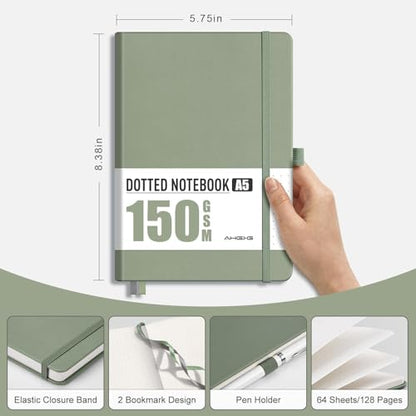 AHGXG Dotted Journal, 150 GSM Paper, 128 Pages, A5 (5.7'' X 8.3'') - color: Sage Green, style: A5-Dotted-150G