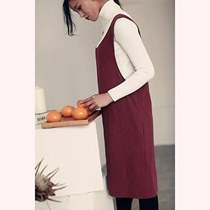 Cotton Linen Japanese Apron Halter Cross Back Bandage X Shape Aprons Two Pockets - color: Dark Red
