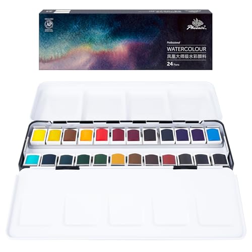 PHOENIX Professional Watercolor Paint Set - 24 Colors Half Pan | Water Color Paint Palette with Tin Box, Portable Travel Watercolors for Adults, Artists - color: 24 Colors, size: half pan